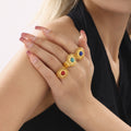 Gold Sunburst Open Rings Colored Cabochon Centers Adjustable view 1