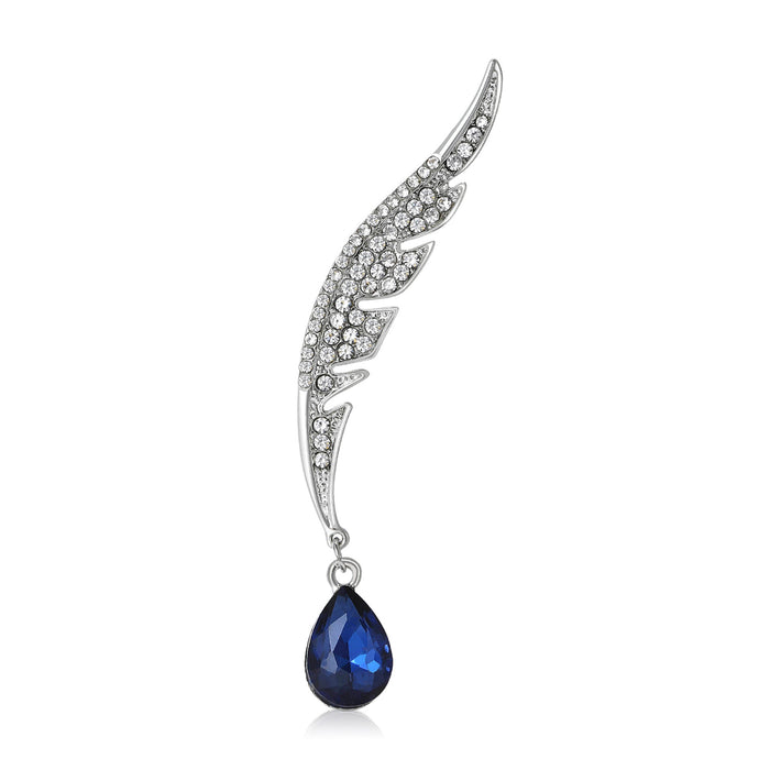 Silver Rhinestone Feather Brooch Blue Teardrop Pendant