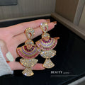 Gold Pink Tiered Fan Crystal Dangle Statement Earrings view 4
