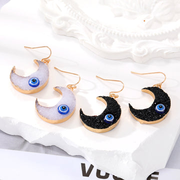 Gold Crescent Resin Moon Evil Eye Drop Earrings Two Colors