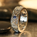 Silver Tone Filigree Band Ring With Blue Square Stones view 1