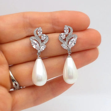 White Gold Marquise Floral Pearl Drop Earrings Alloy