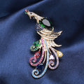 Colorful Peacock Brooch with Green Crystal Body and Curled Tail view 4