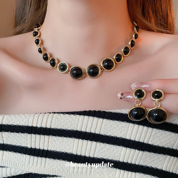 Gold Black Round Resin Bezel Drop Earrings Stud Set