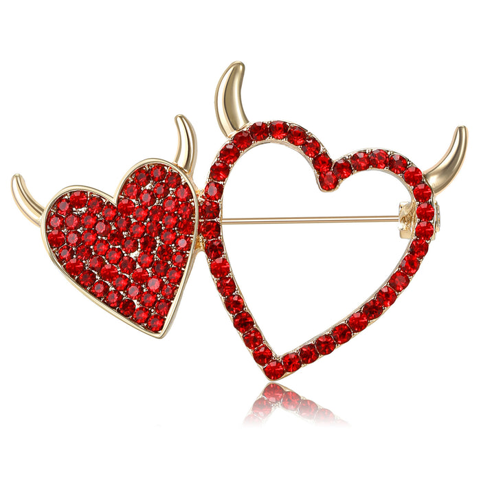 Double Devil Heart Crystal Brooch in Three Bright Colors