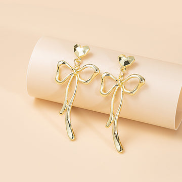 Gold Liquid Metal Open Bow Heart Stud Drop Earrings