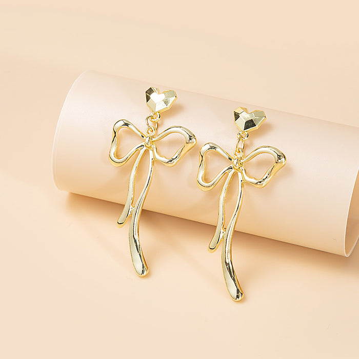 Gold Liquid Metal Open Bow Heart Stud Drop Earrings