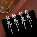 Pink and Multicolor Flower Stud Earrings Crystal Bow Drops view 1