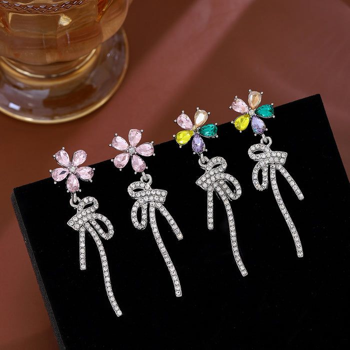 Pink and Multicolor Flower Stud Earrings Crystal Bow Drops