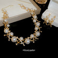Gold Pearl Cross Link Necklace Matching Drop Earrings view 3