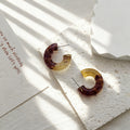 Purple and Yellow Marbled Resin Hoop Stud Earrings view 2