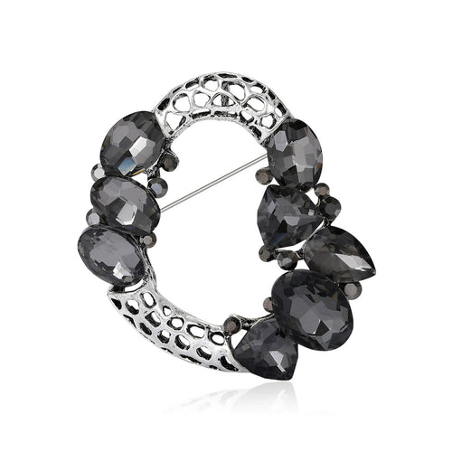 Gray smoky crystal hollow wreath brooch antique silver open circle