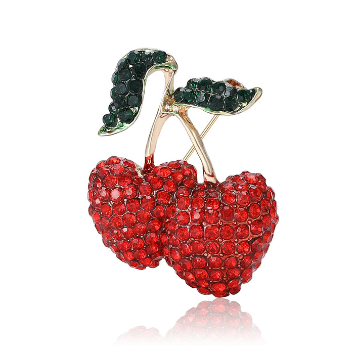 Red Rhinestone Double Cherry Brooch Green Crystal Leaves