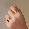 Wide Band Clover Zircon Stainless Steel Ring Gold Steel view 2