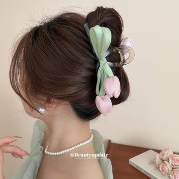 Green Satin Bow Tulip Hair Claw In Pink White Or Purple