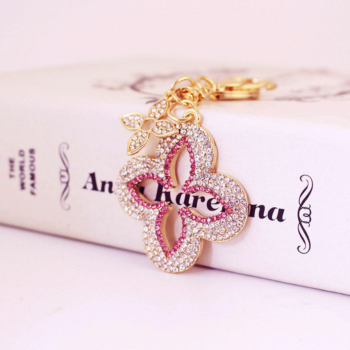 Full Rhinestone Four Leaf Clover Keychain, Zinc Alloy Bag Charm for Keys