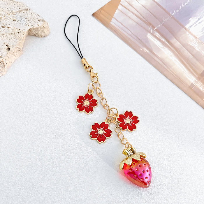Strawberry And Cherry Blossom Enamel Charm Phone Strap