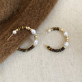 Beaded Pearl C Hoop Stud Earrings In White And Brown view 6