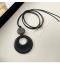 Black Ring Gray Wood Disc Cord Pendant Necklace Piece view 6