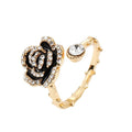 Gold Tone Black Enamel Rose Crystal Adjustable Open Ring view 5
