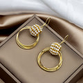 Gold Layered Circle Hoop Drop Earrings Rhinestone Cluster view 4