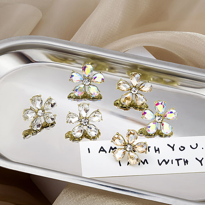 Gold Flower Crystal Stud Earrings Champagne Teardrop Petals