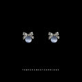 Silver Tone Bow And Blue Gray Round Cabochon Stud Earrings view 3