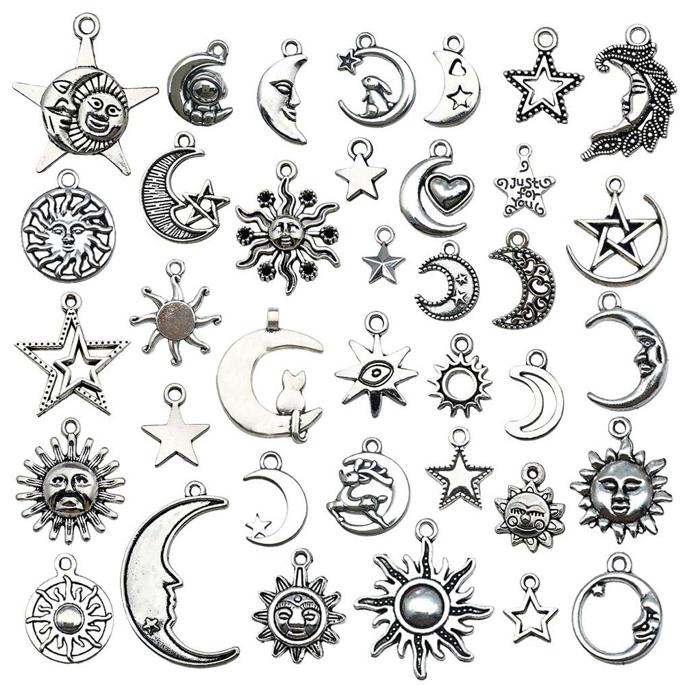 Antique Silver Zinc Alloy Sun Star Moon Charm Pendant for Bracelet Necklace DIY