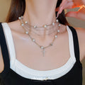 Silver Multi Layer Pearl Cross Pendant Layered Necklace view 3