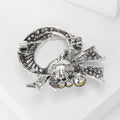Silver Tone Rhinestone Bow Brooch Grey Pearl Ribbon Pin view 3