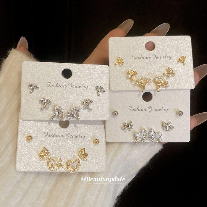 Silver Gold Rocking Horse Ginkgo Stud Six Piece Earring Sets