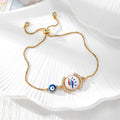 Gold Tone Blue Evil Eye Double-Dangle Slider Bracelets in Eight Designs view 6