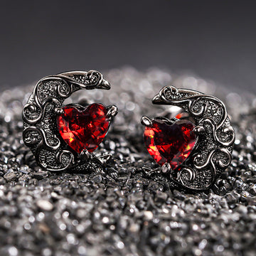 Dark Metal Crescent Moon Stud Earrings Red Heart Stone Pair