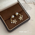 Pearl Stud Gold Flower Curve Drop Earrings With Small Pearl view 1