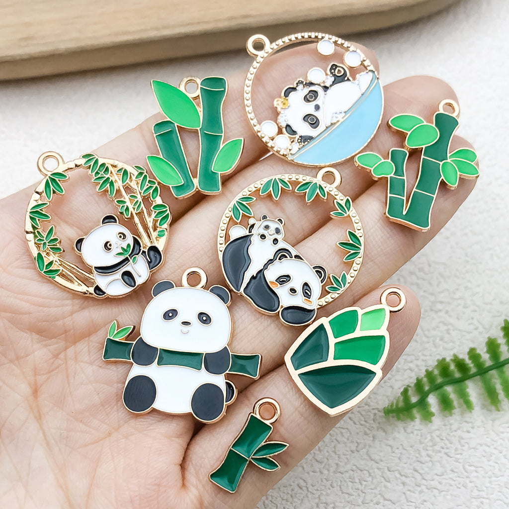 Enamel Zinc Alloy Panda Bamboo Round Bear Cat Charm Pendant for DIY Necklace Bracelet Keychain