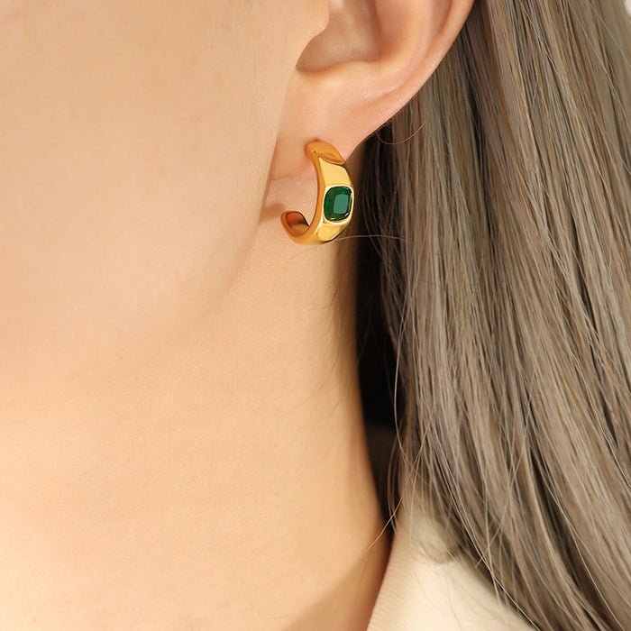 Gold C-Shape Hoop Earrings With Emerald Cut Green Zircon