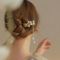 Gold Tone Fan Hair Stick With Pearl Like Chains And Leaf Drops view 2