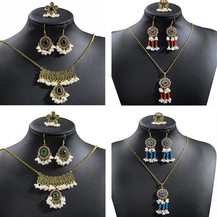 Bohemian Rhinestone Pearl Necklace Earring Ring Sets Six Styles