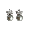 Silver Tone Clear Stone Crown And Gray Pearl Stud Earrings view 5