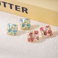 Pink and Blue Floral Pattern Square Gold Tone Stud Earrings view 4