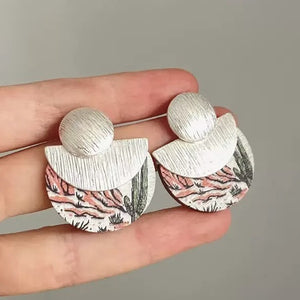 Printed Wood Half Disc Drop Earrings With Silver Tone or Gold Tone Tops