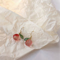 Pink Peach Fruit Drop Earrings Gold Hook Green Leaf view 1