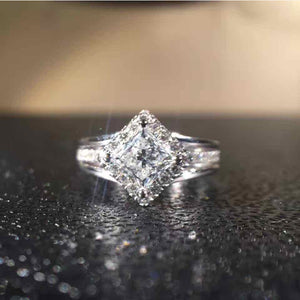 White Gold Tone Square Halo Clear Crystal Ring Sizes 6-10