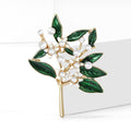 Green Enamel Leaf And White Crystal Flower Branch Brooch view 2