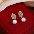 Gold Leaf Crystal Look Pearl Look Dangle Stud Earrings view 1