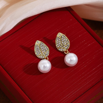 Gold Leaf Crystal Look Pearl Look Dangle Stud Earrings