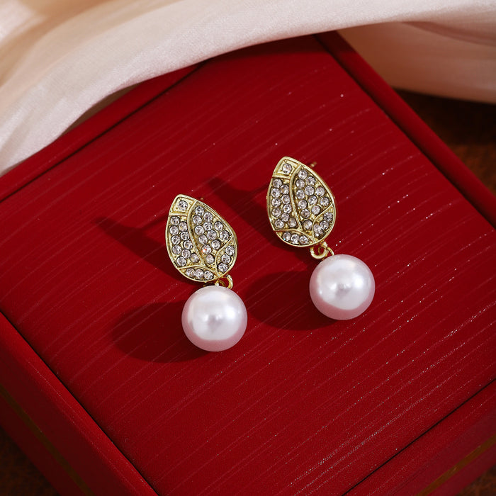 Gold Leaf Crystal Look Pearl Look Dangle Stud Earrings