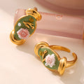 Green Enamel Floral Open Rings Pearl Rose Gold Steel Size 7 view 2
