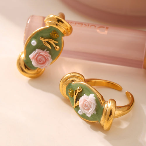 Close gold green enamel pink rose open rings with lip balm