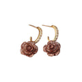 Brown Resin Rose and Crystal Gold Tone Hoop Drop Earrings view 5